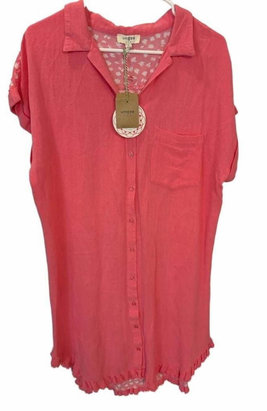NWT Umgee Coral Linen Blend Button Front Shirt Dress Fringe Small Boho Resort